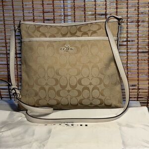 Coach Signature File Crossbody Bag Light Tan Khaki/ Cream Canvas & Leather Purse